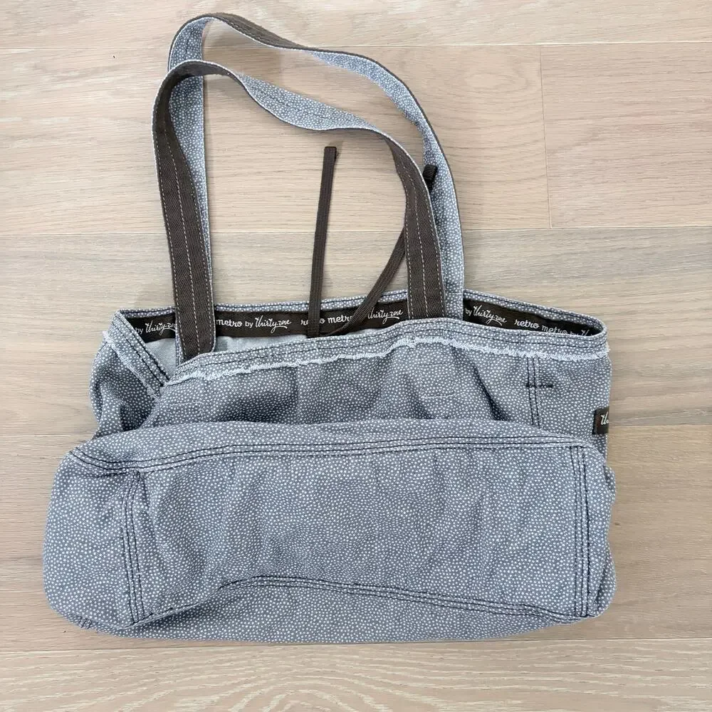 Thirty One Retro Metro Large Shoulder Canvas Tote Bag Gray White Polka Dot